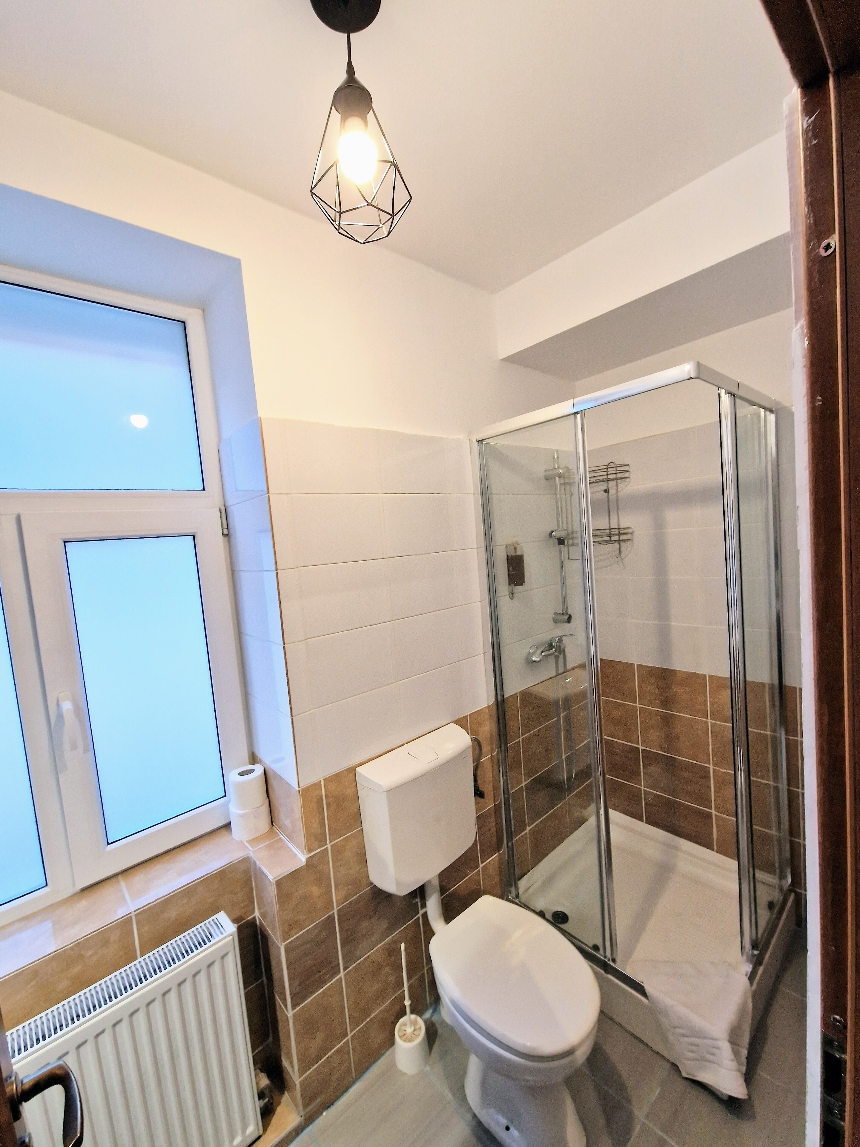 A bathroom with a toilet, a glass shower enclosure, a radiator, and a window.