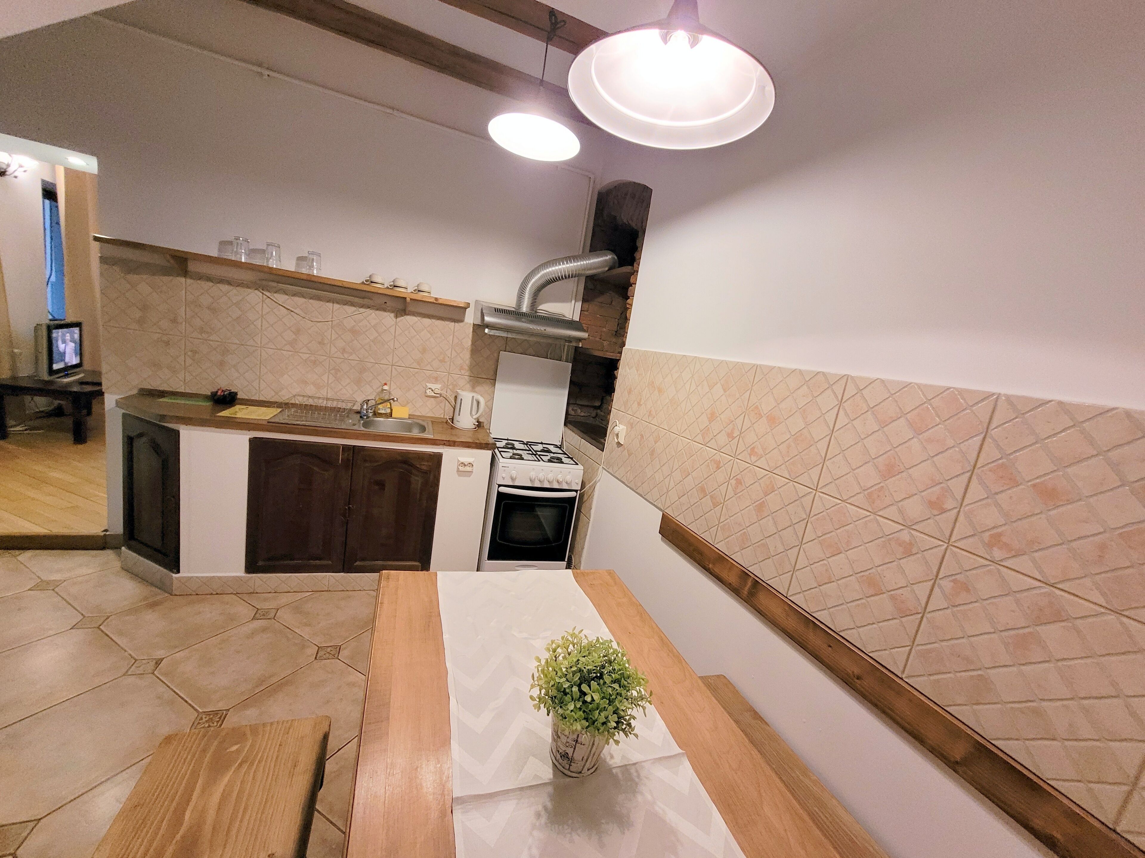 A compact kitchen with a gas stove, a sink, and a small countertop. There is a wooden table with a potted plant in the center.