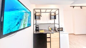 A compact kitchen with a built-in refrigerator, a coffee maker, and a sink. A large window displays a scenic view. - Main Square Apartments & More (Brasov)