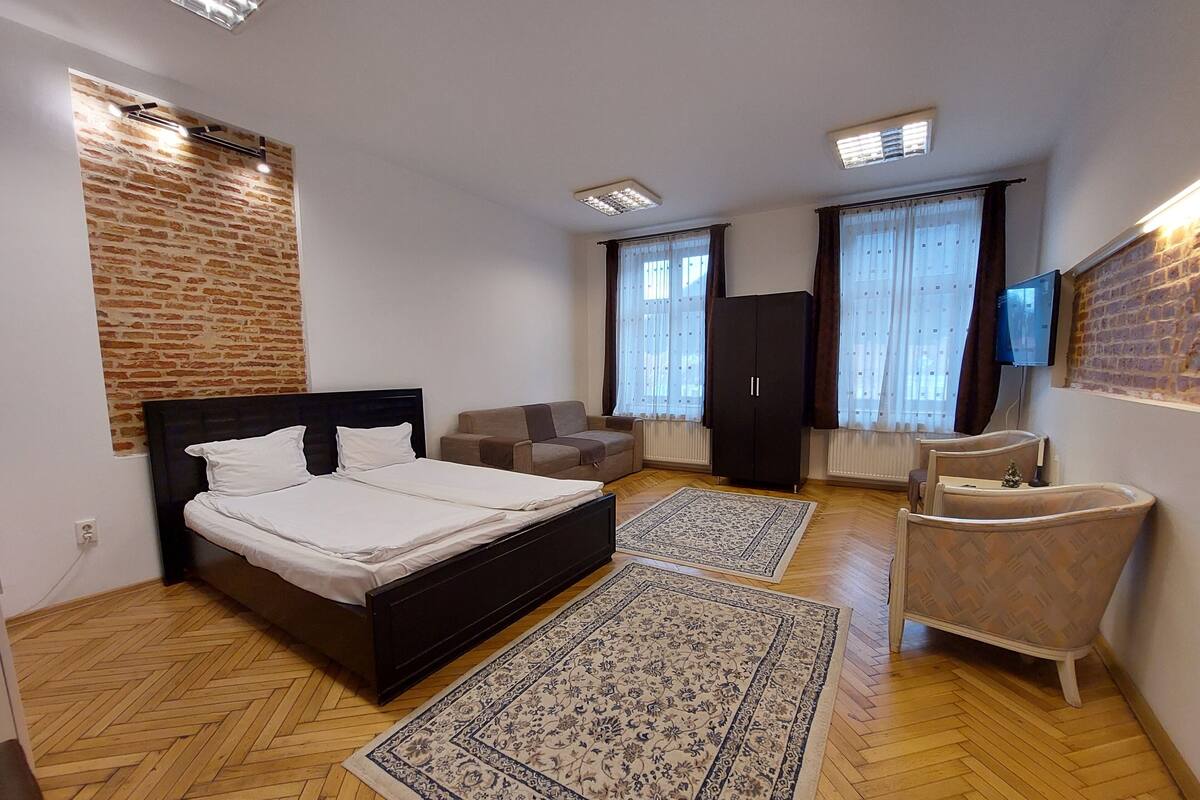 A bedroom with a bed, a sofa, a wardrobe, a TV, and a patterned rug.