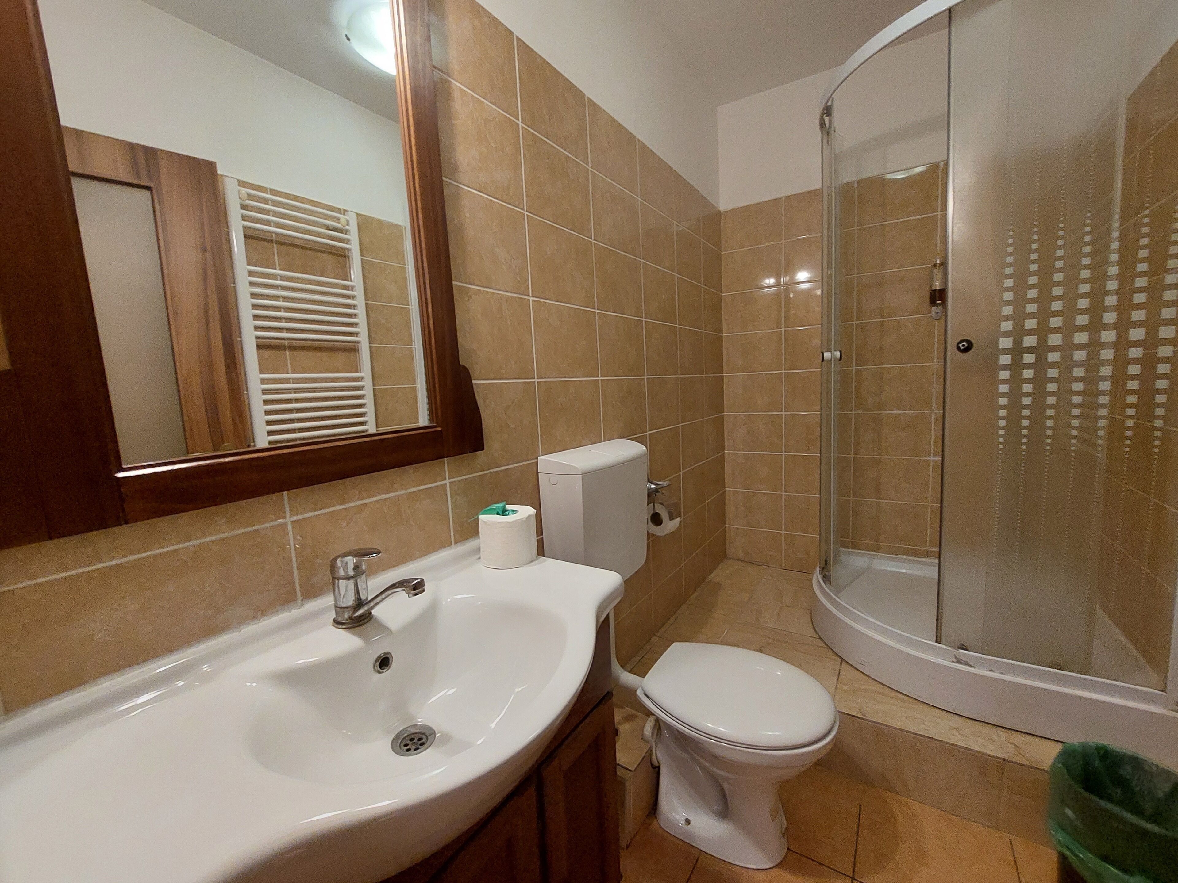 A bathroom with a sink, toilet, and glass shower enclosure.