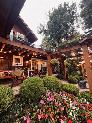 Un espacio de estar al aire libre cubierto, con una pérgola de madera, una bicicleta y diversos maceteros con plantas y flores.
