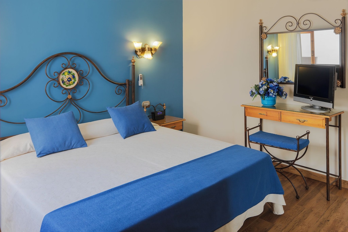 Un dormitorio con cama, escritorio, silla, televisor y espejo.