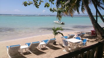 On the beach, white sand, beach shuttle, sun-loungers