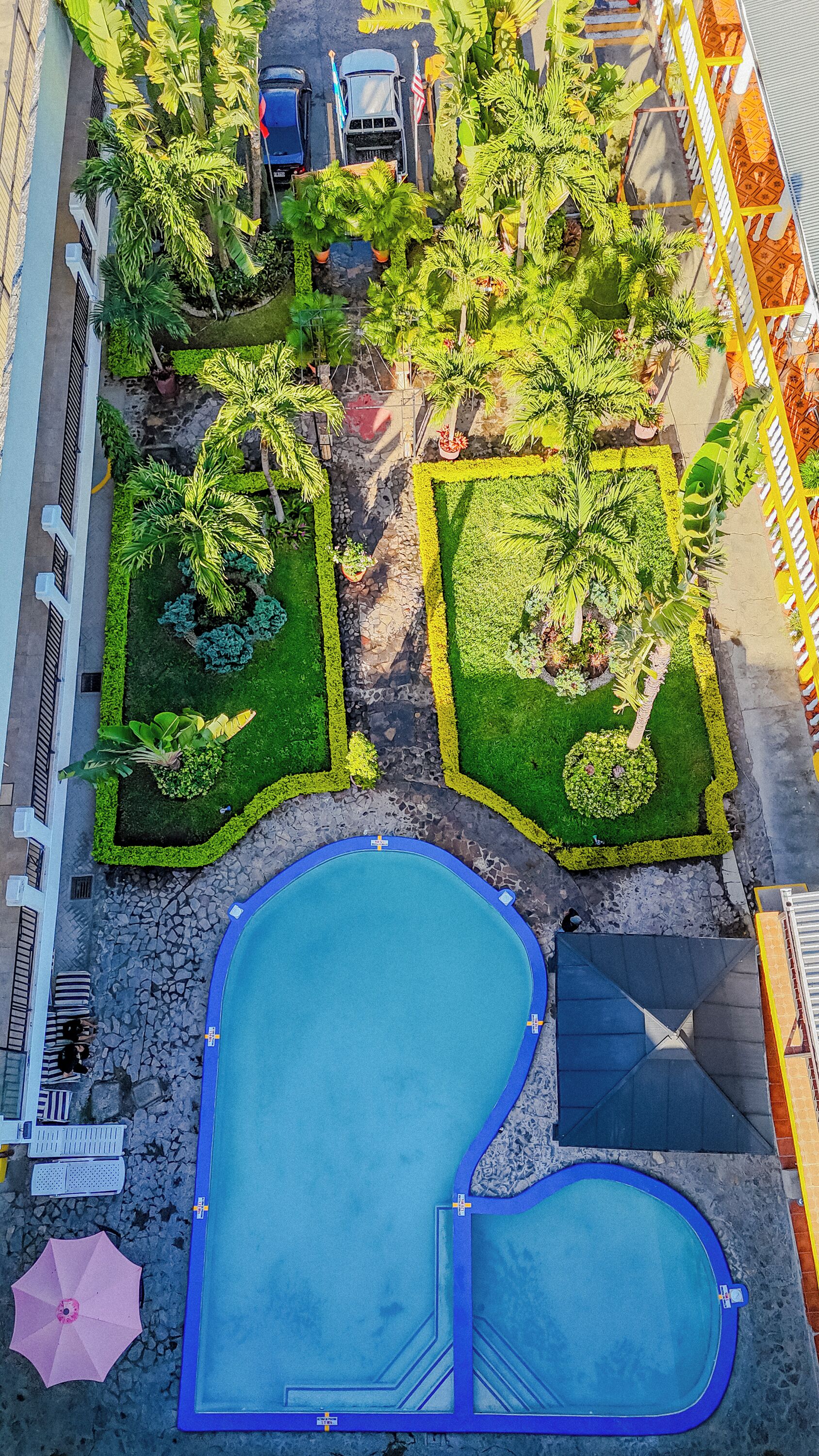 Vue aérienne d’un espace aménagé comprenant une piscine, des plantes en pot et un chemin pavé.