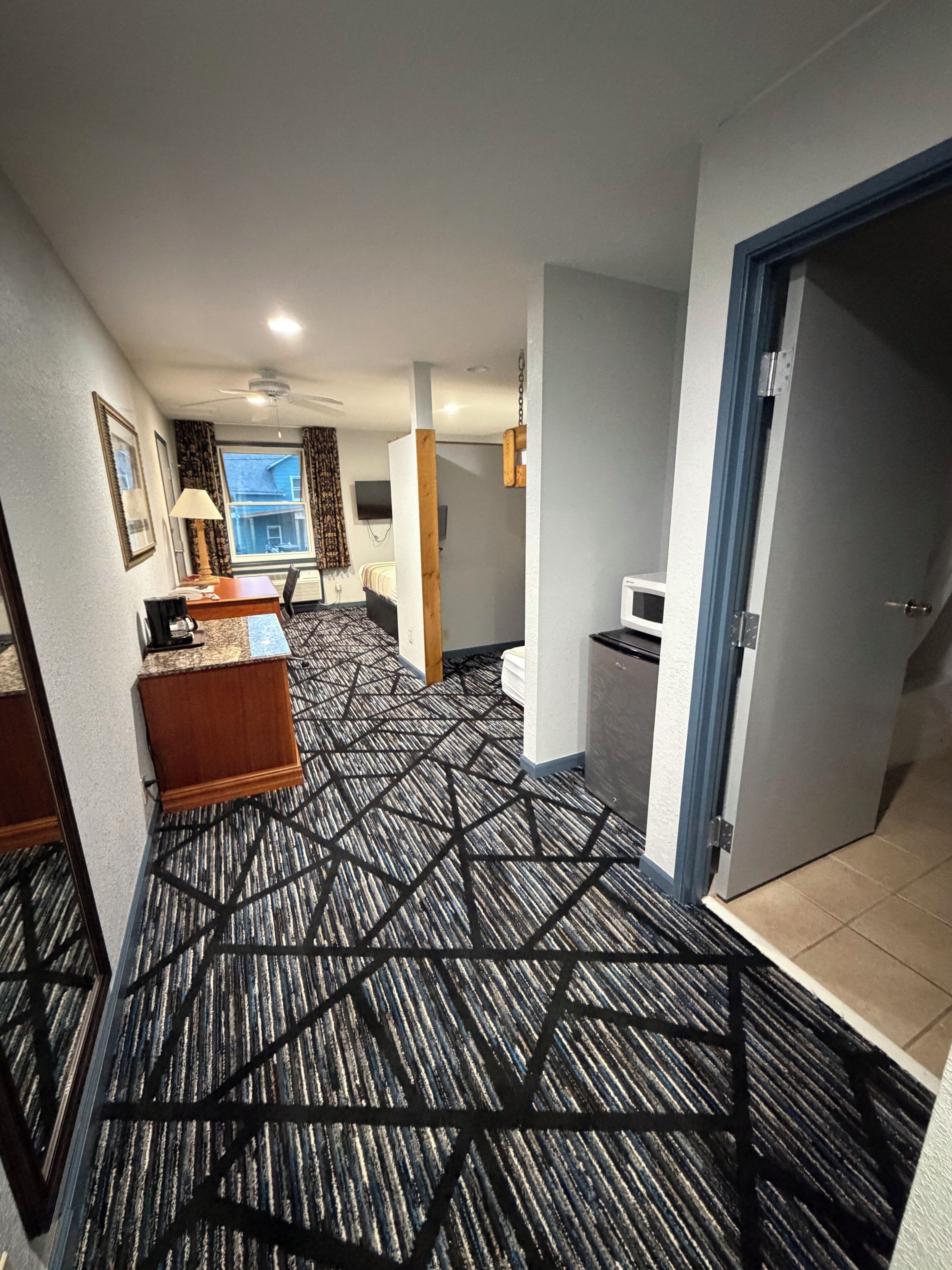 Desk, laptop workspace, blackout drapes, free WiFi