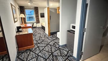 Desk, laptop workspace, blackout drapes, free WiFi