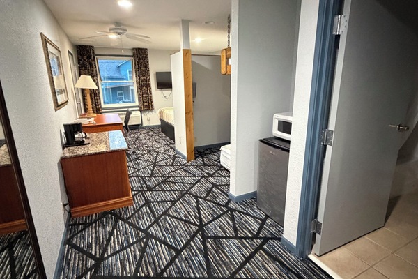 Desk, laptop workspace, blackout drapes, WiFi (free)