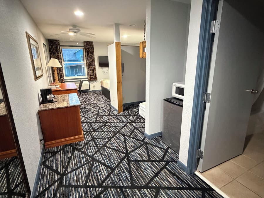 Desk, laptop workspace, blackout curtains, free WiFi