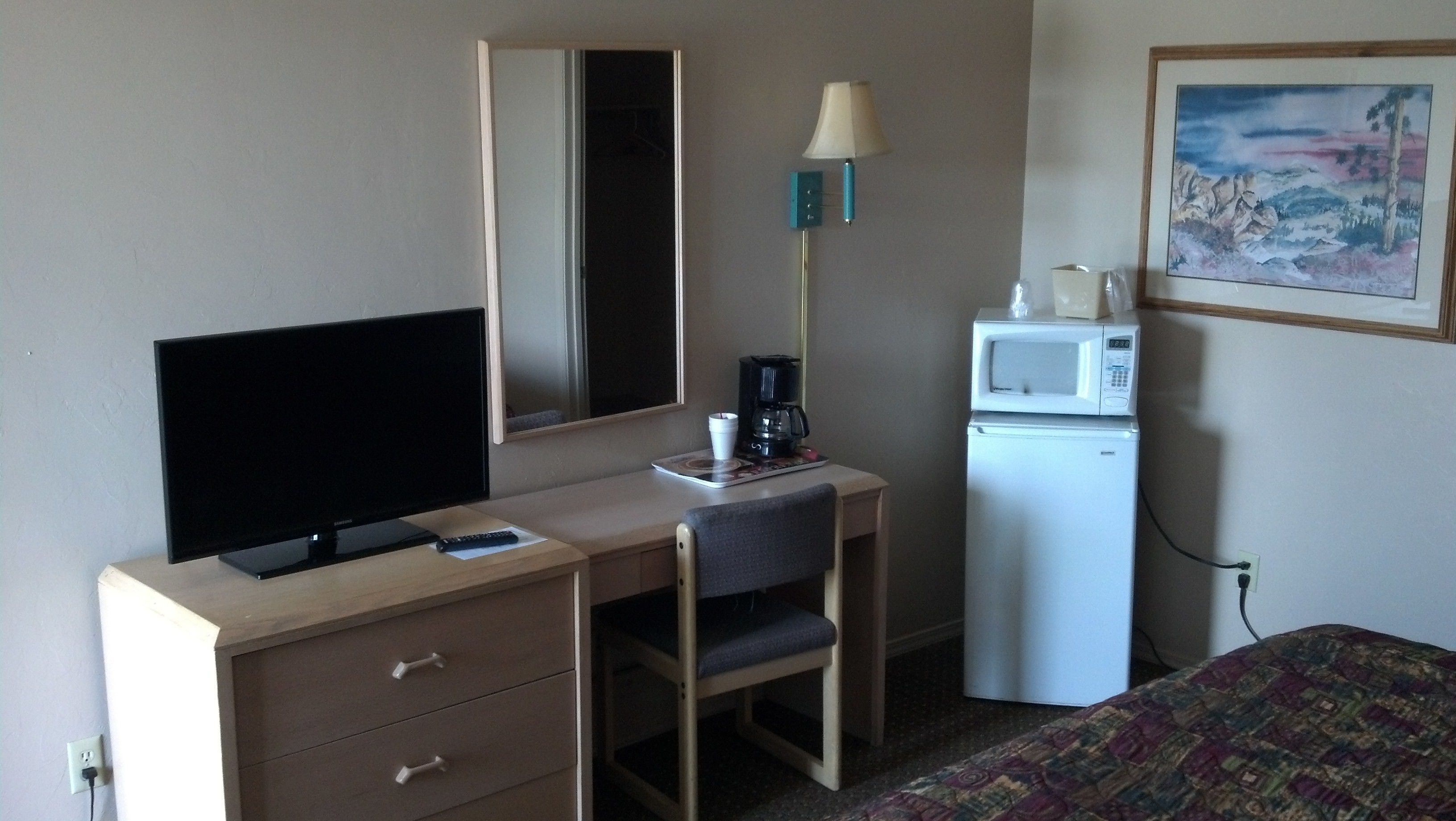 A hotel room with a desk, a chair, a television, a coffee maker, a microwave, and a bed.