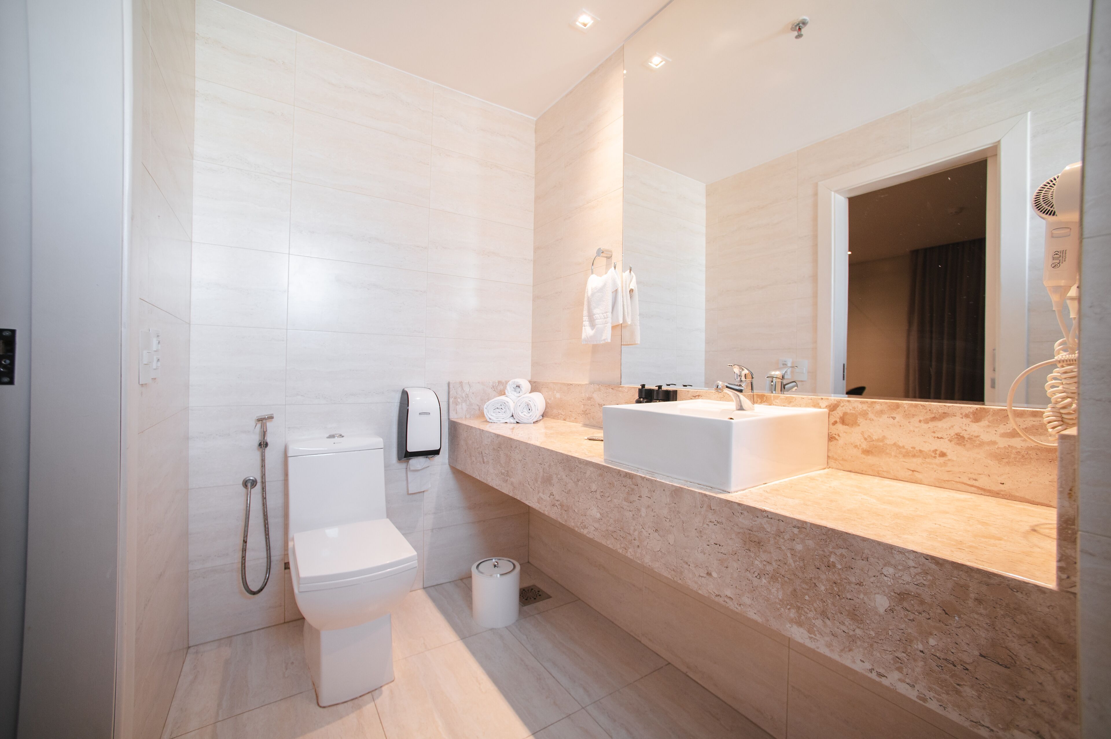 superior double room | bathroom | shower, hair dryer, bidet, towels