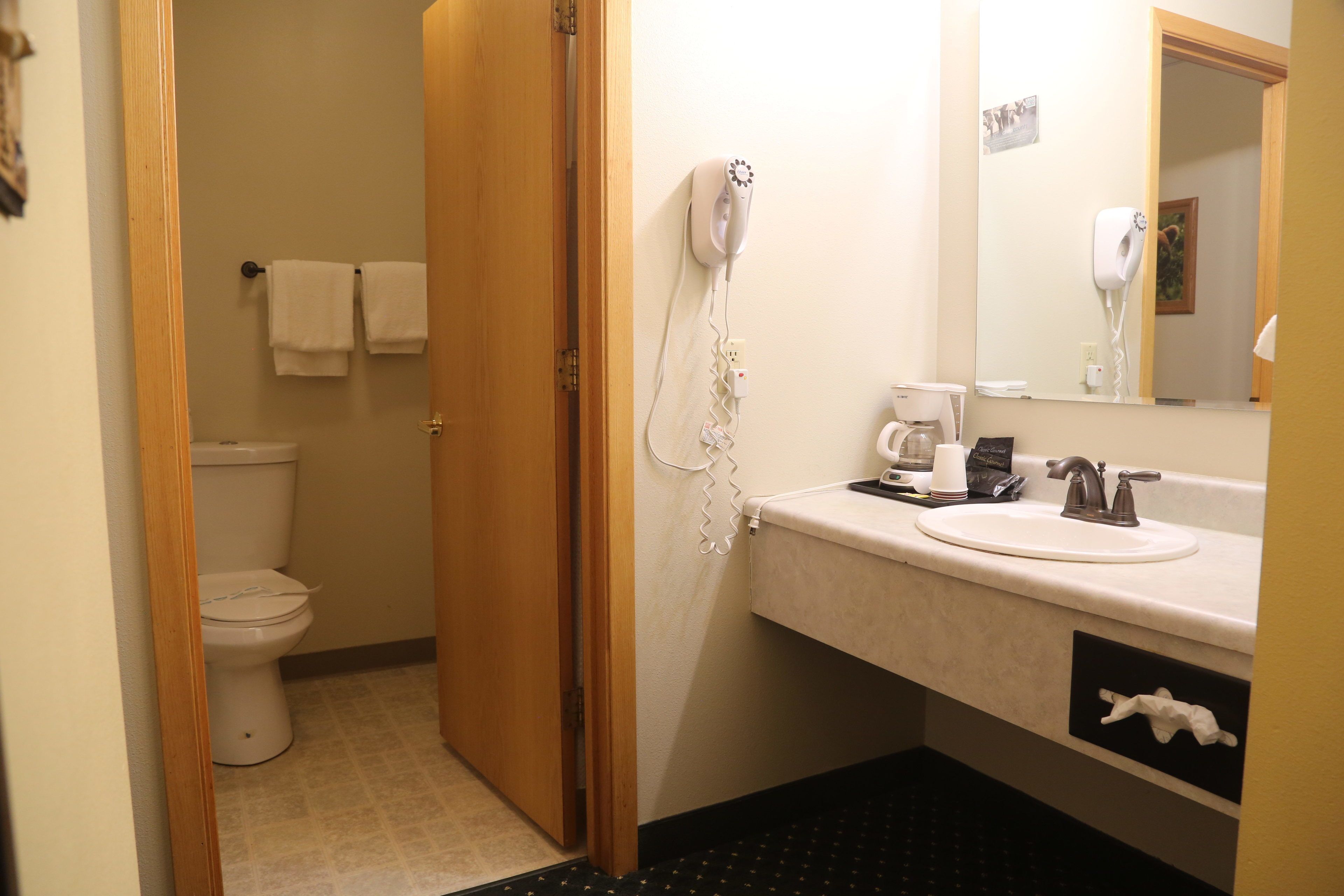 Une salle de bain équipée de toilettes, d’un lavabo, d’un sèche-cheveux et d’un miroir.