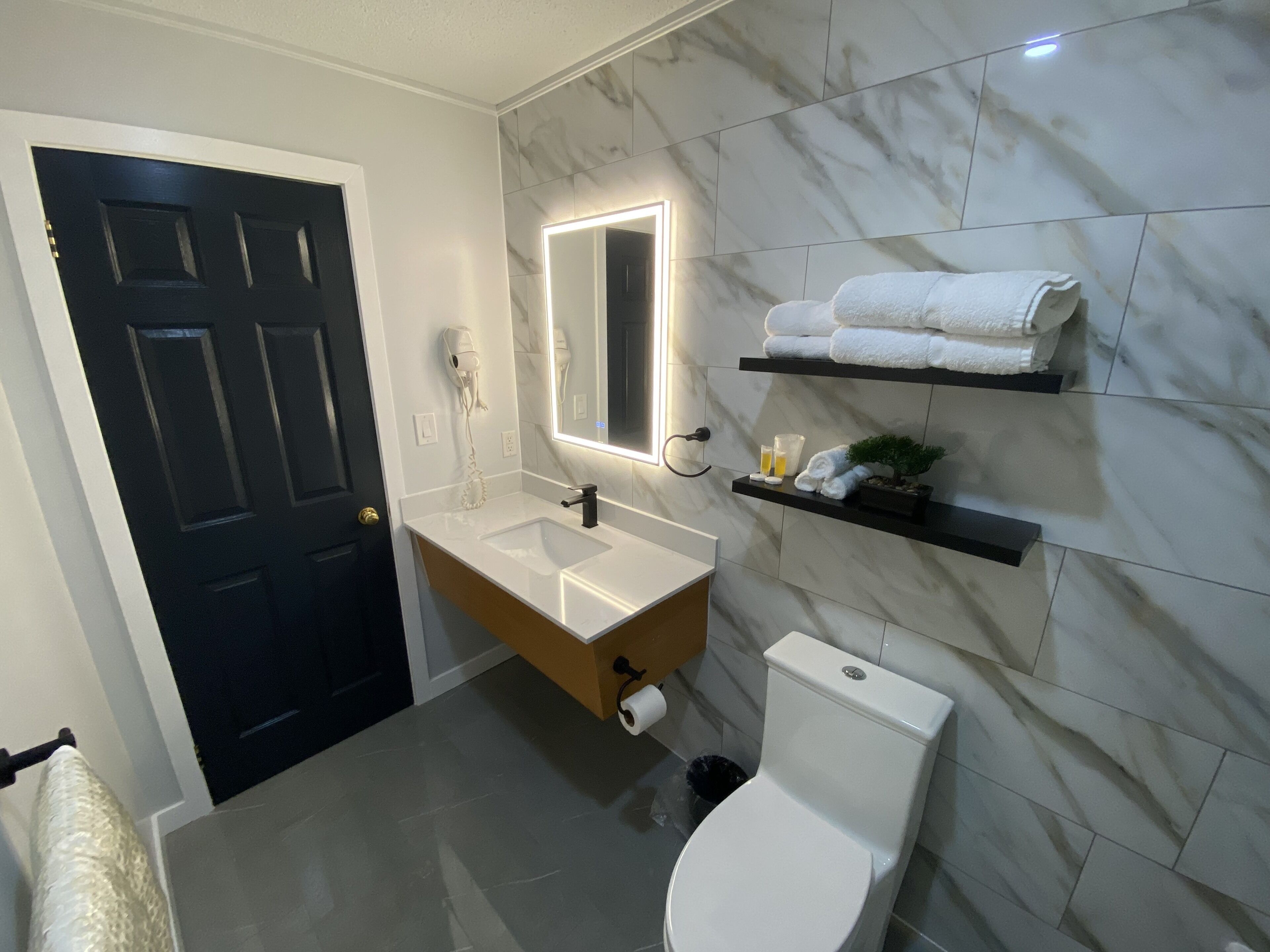 Une salle de bain moderne avec une porte noire, un lavabo blanc et des toilettes. On y trouve un miroir avec un éclairage au-dessus, ainsi qu'une étagère avec des serviettes.