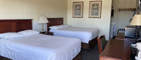 Desk, laptop workspace, blackout curtains, iron/ironing board