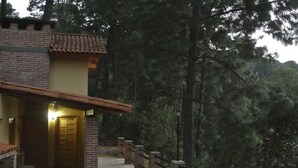 Un edificio de ladrillo con una puerta de madera y un camino de piedra que lo conduce.
