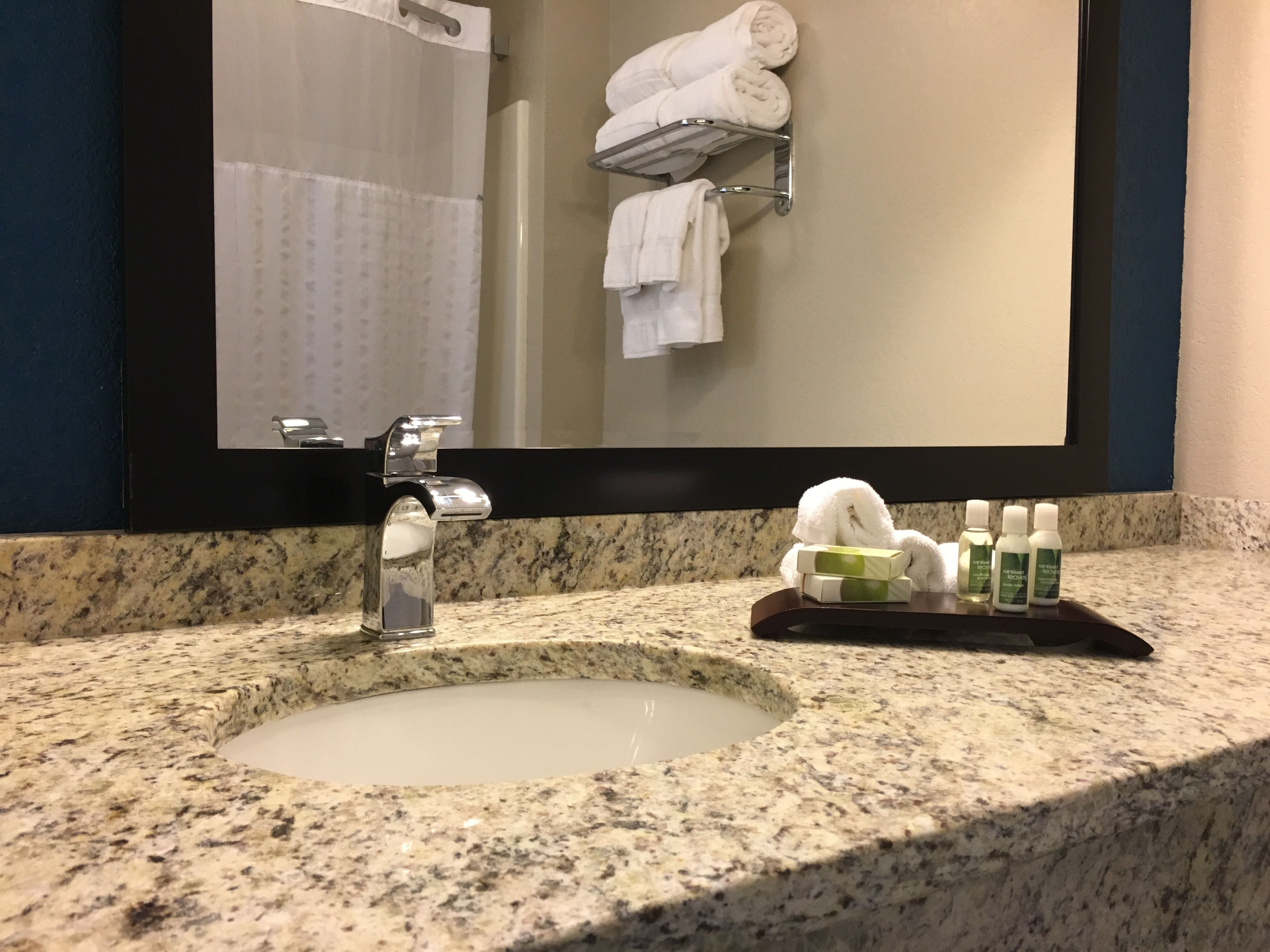 combined shower/bathtub, free toiletries, hair dryer, towels