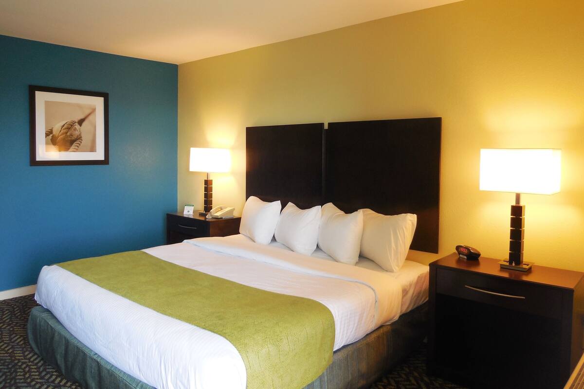 Quarto de hotel com cama, duas mesas de cabeceira, um criado-mudo, um quadro emoldurado e duas luminárias.
