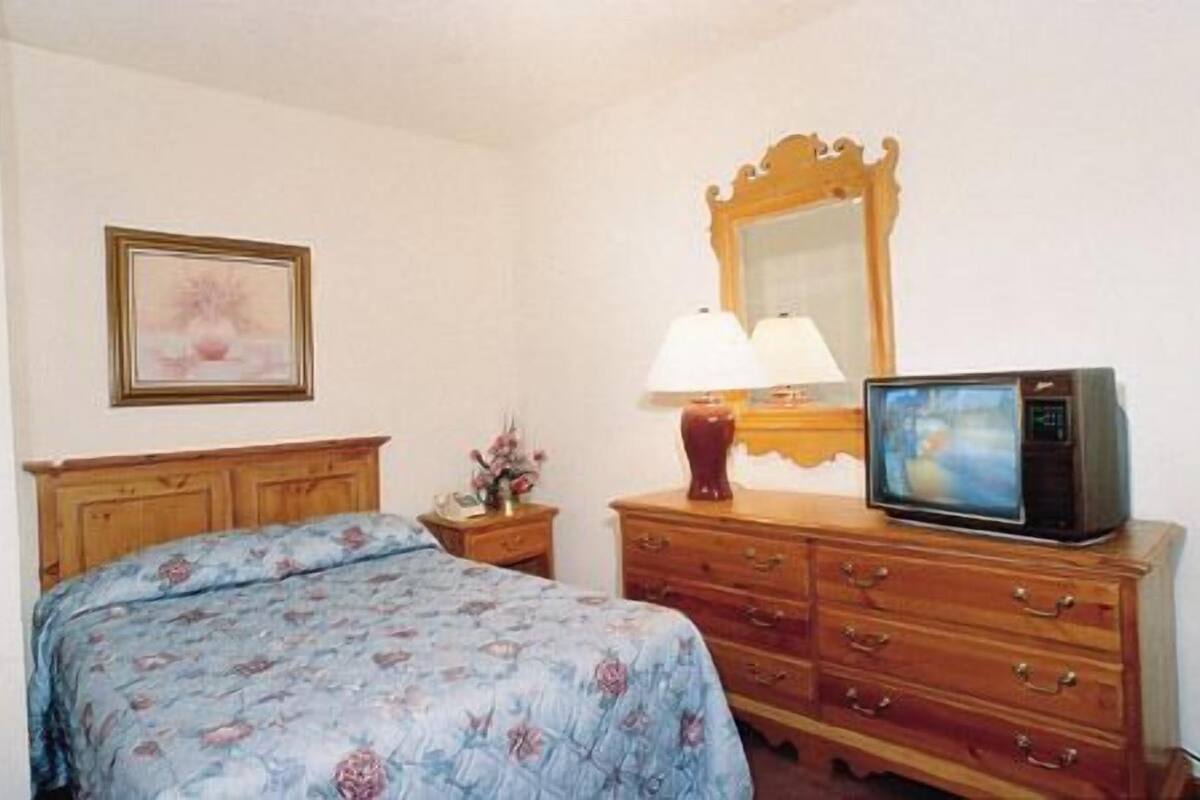 Une chambre à coucher avec un lit, une commode, une télévision et un miroir.