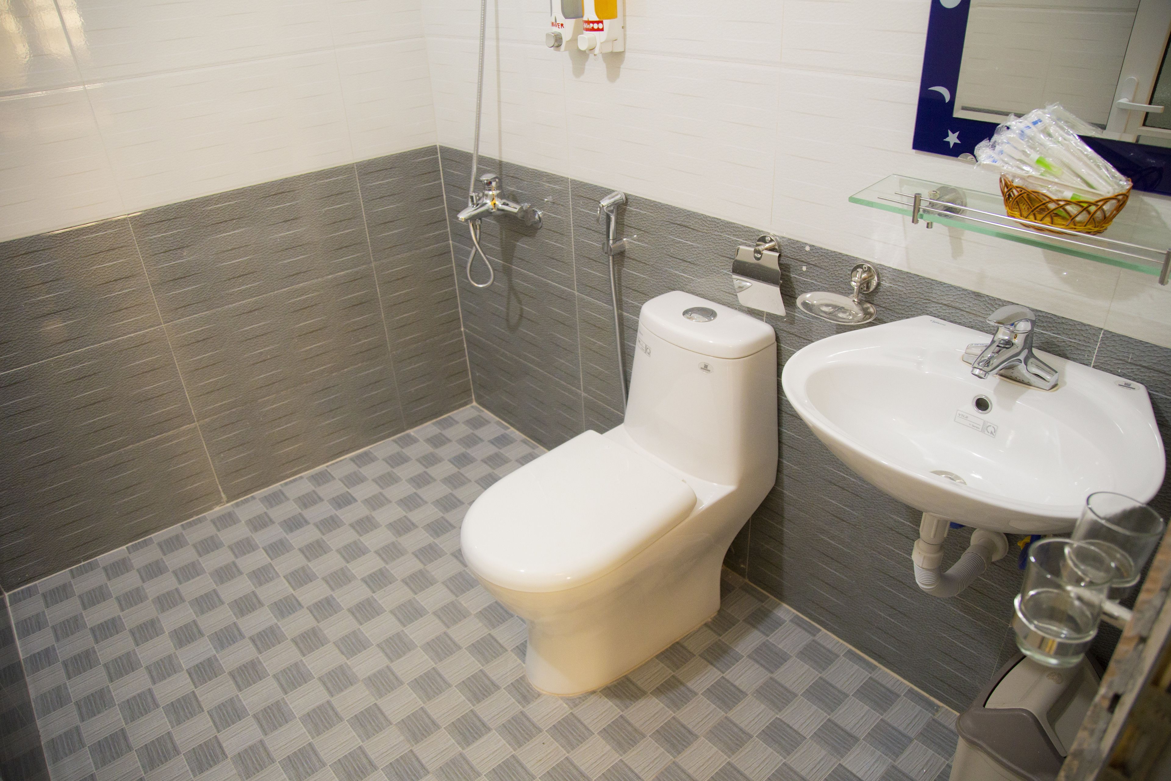 free toiletries, hair dryer, slippers, towels