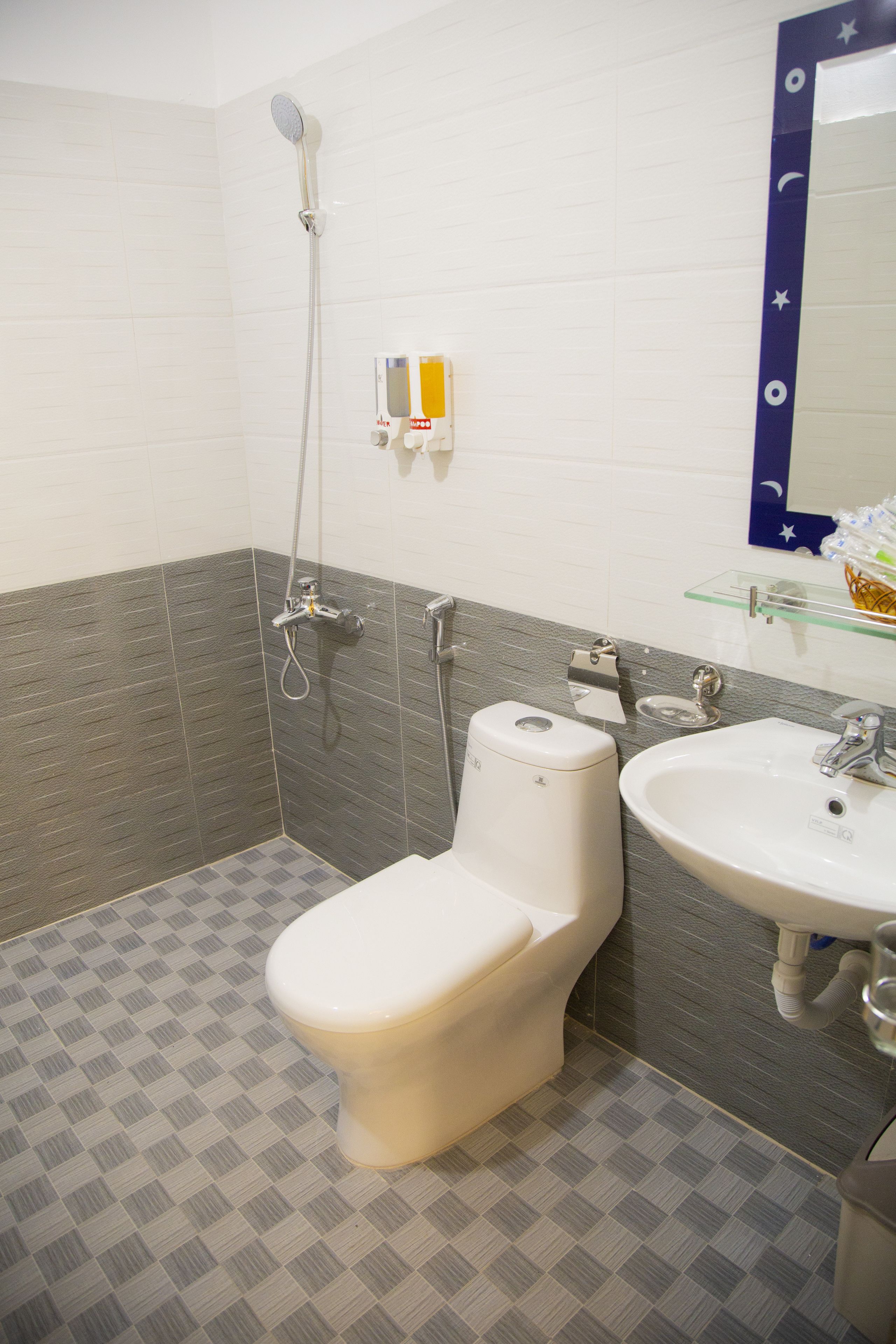 free toiletries, hair dryer, slippers, towels