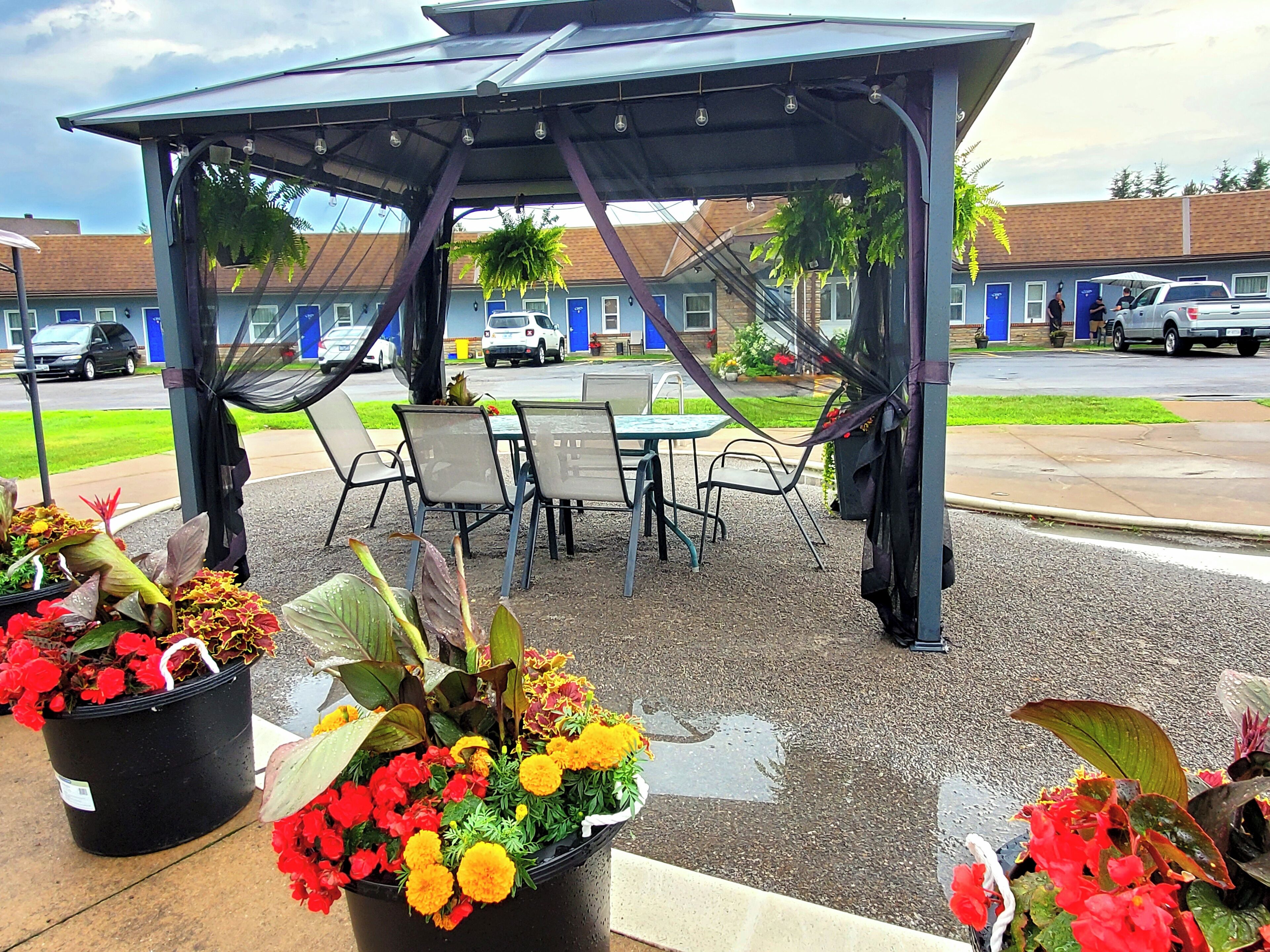 An outdoor patio with a covered seating area, a table, and chairs. There are potted plants with red and yellow flowers.