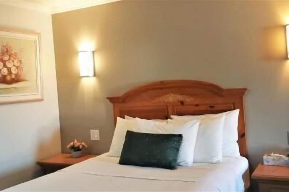 A hotel room with a wooden headboard, a bed with white and dark pillows, a nightstand with a lamp, and a framed picture on the wall.