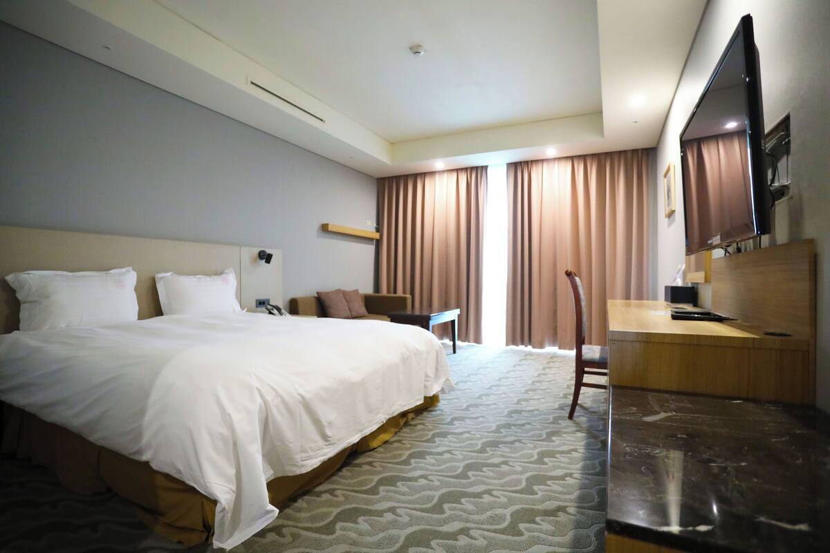 A hotel room with a large bed, a desk, a chair, a TV, and curtains.