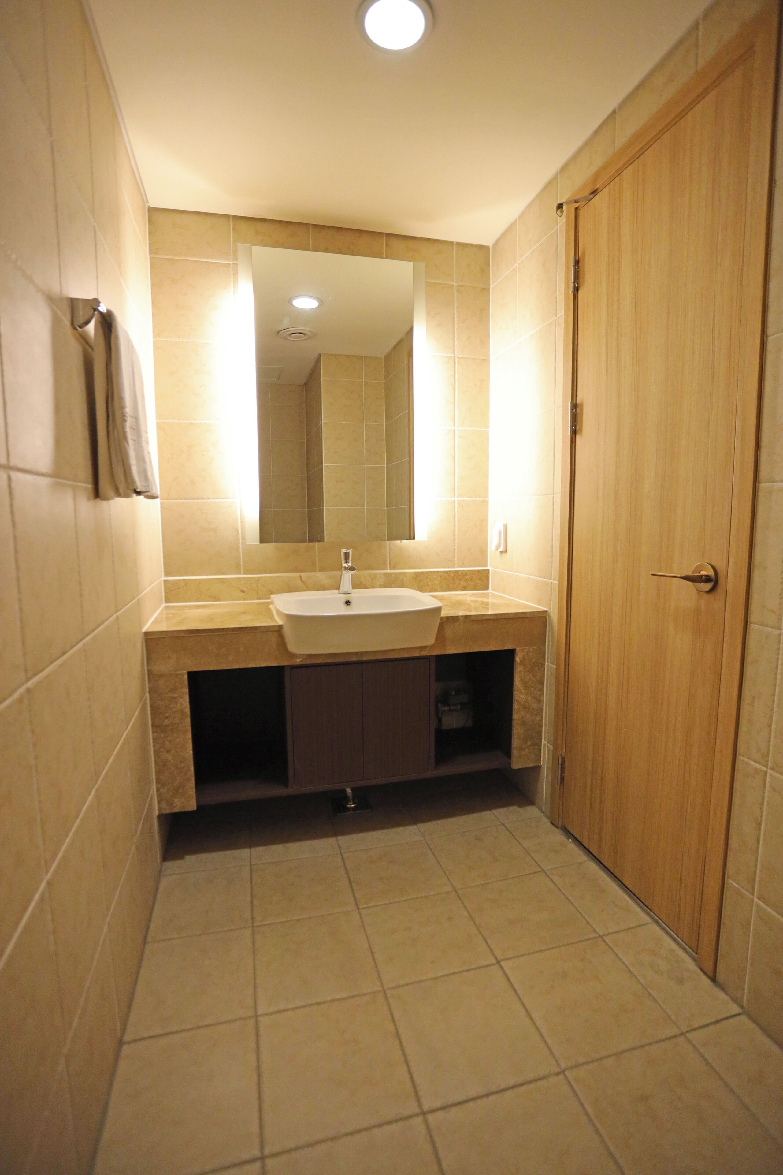 A bathroom with a sink, mirror, and wooden door.
