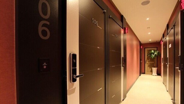 A hotel corridor with closed doors numbered 506 and 507, a light-colored carpet, and a potted plant in the distance.