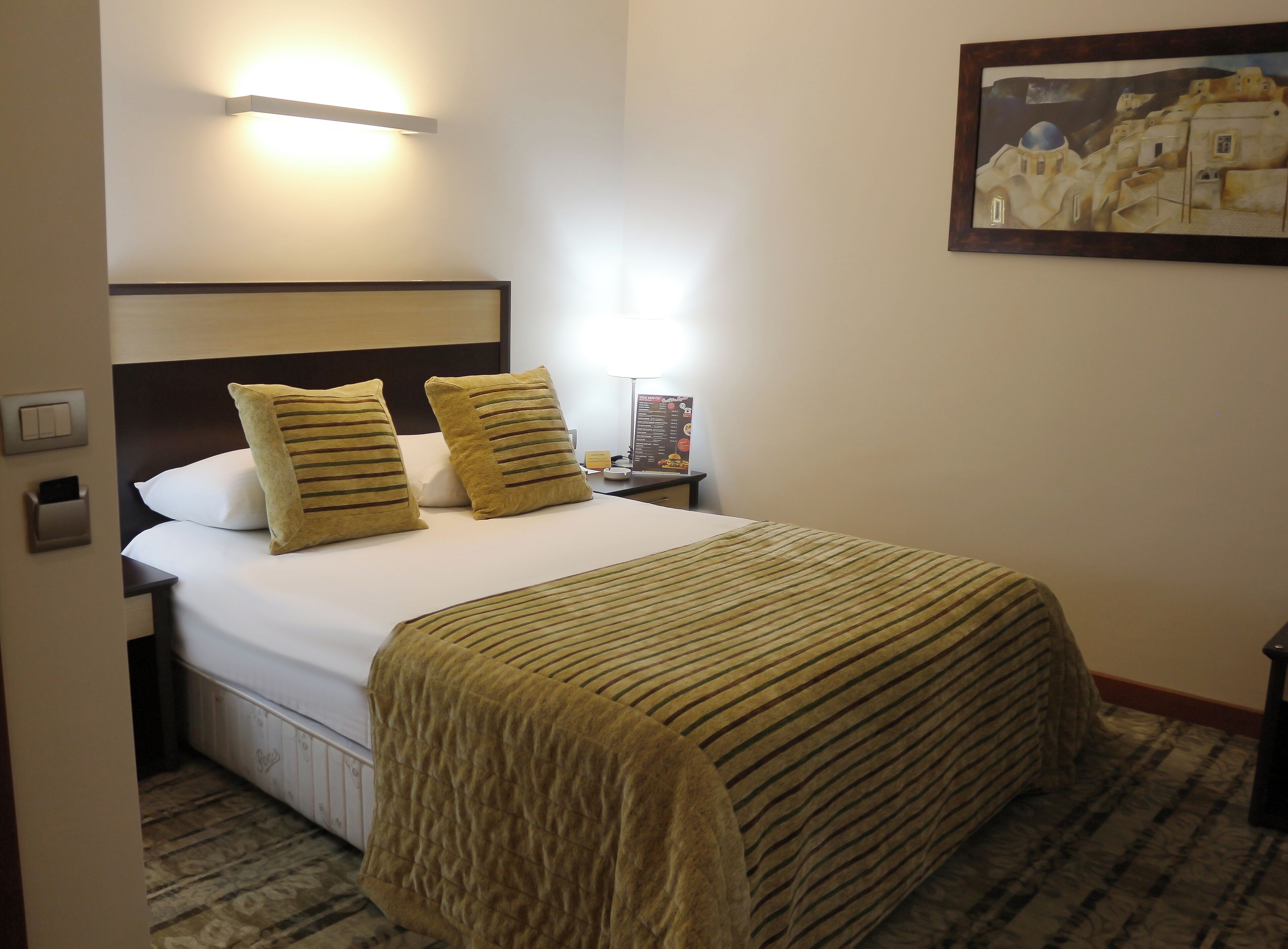 Une chambre d’hôtel avec un lit, deux oreillers, une tête de lit, une table de chevet, une lampe, un tableau encadré au mur et un sol recouvert de moquette.