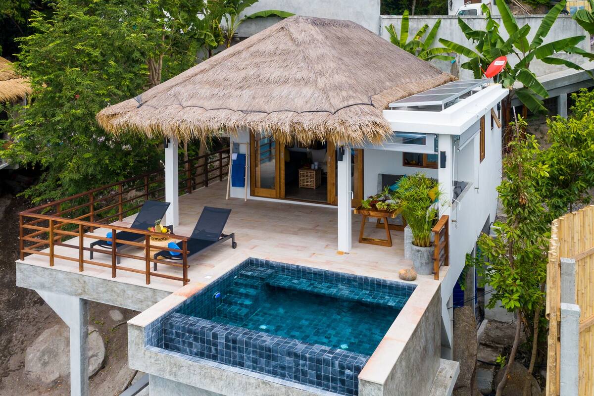 A modern villa with a swimming pool, a thatched-roof outdoor area, and lush greenery.