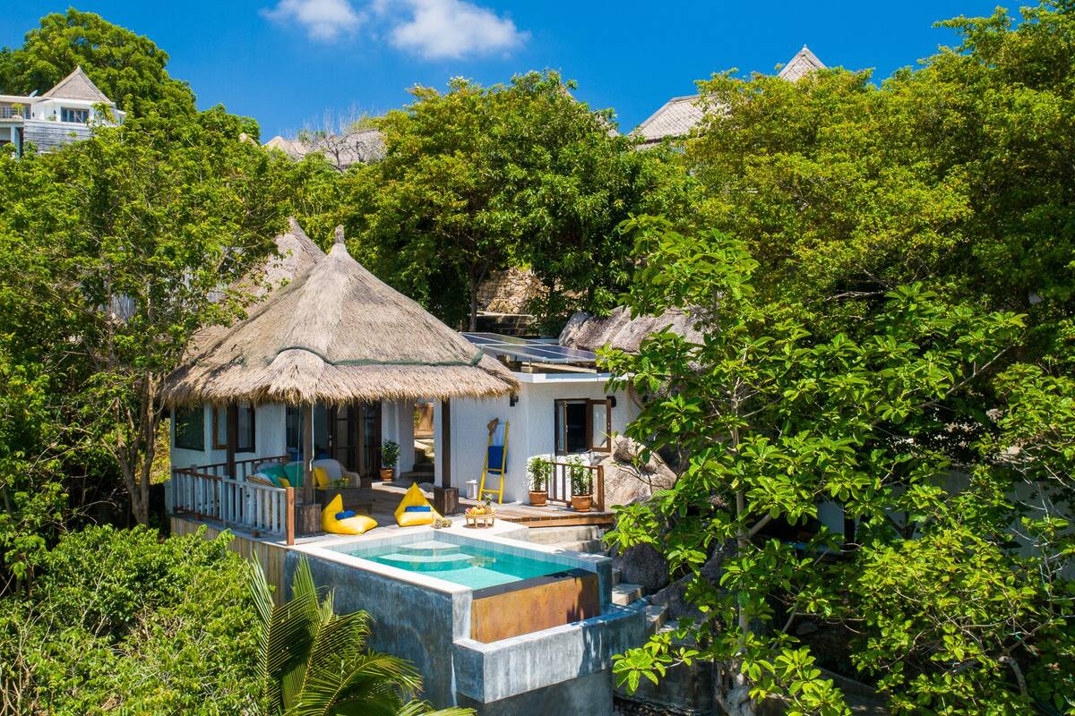 A house with a pool surrounded by lush greenery and a thatched-roof structure.