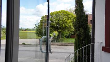 Blick aus einem Fenster mit Metallgeländer, bewölkter Himmel und einer grünen Landschaft mit Bäumen und einem Gebäude im Hintergrund.