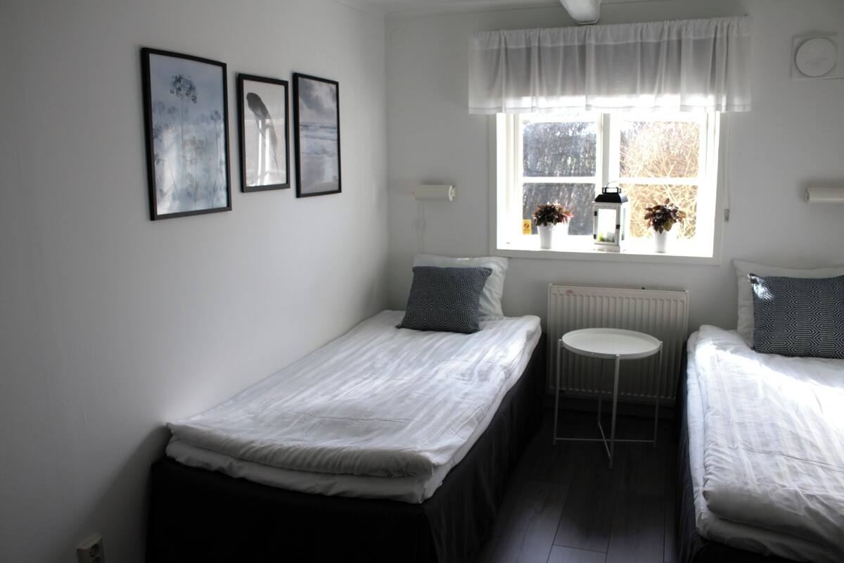 A small, clean room with two single beds, a small table, and a window with a view.