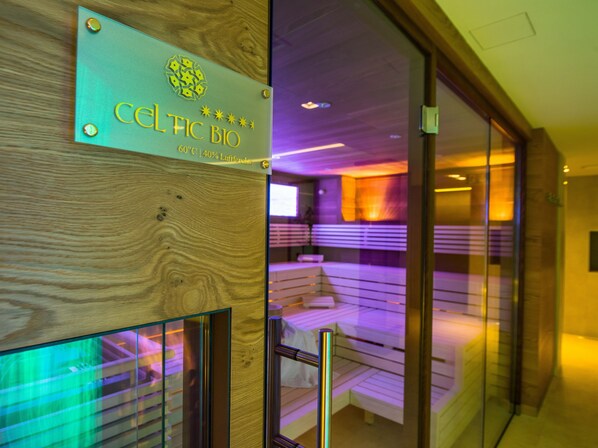 A spa area with a sign reading "CELTIC BIO" and a wooden wall.