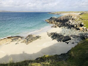 A coastal landscape with a rocky shoreline, sandy beach, and grassy areas.