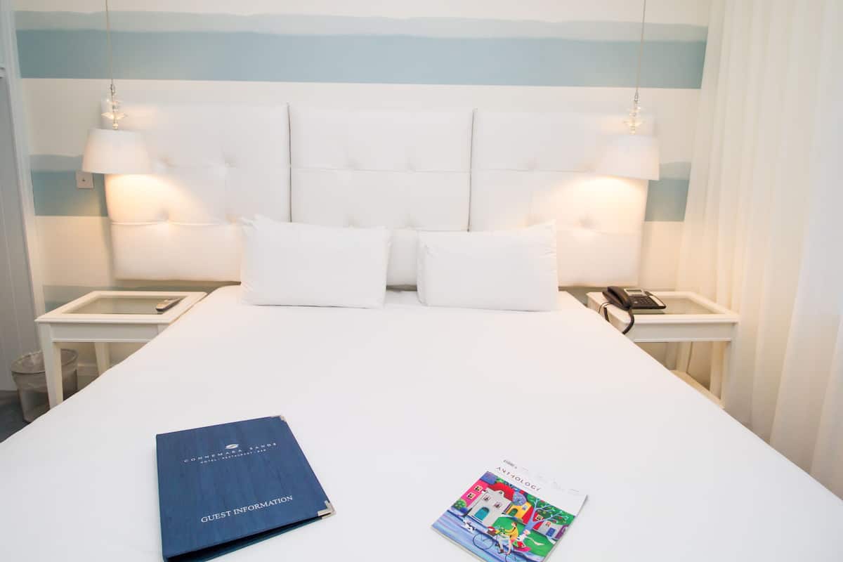 A hotel room with a large bed, white headboard, two bedside tables with lamps, a phone, a blue guest information booklet, and a colorful brochure.