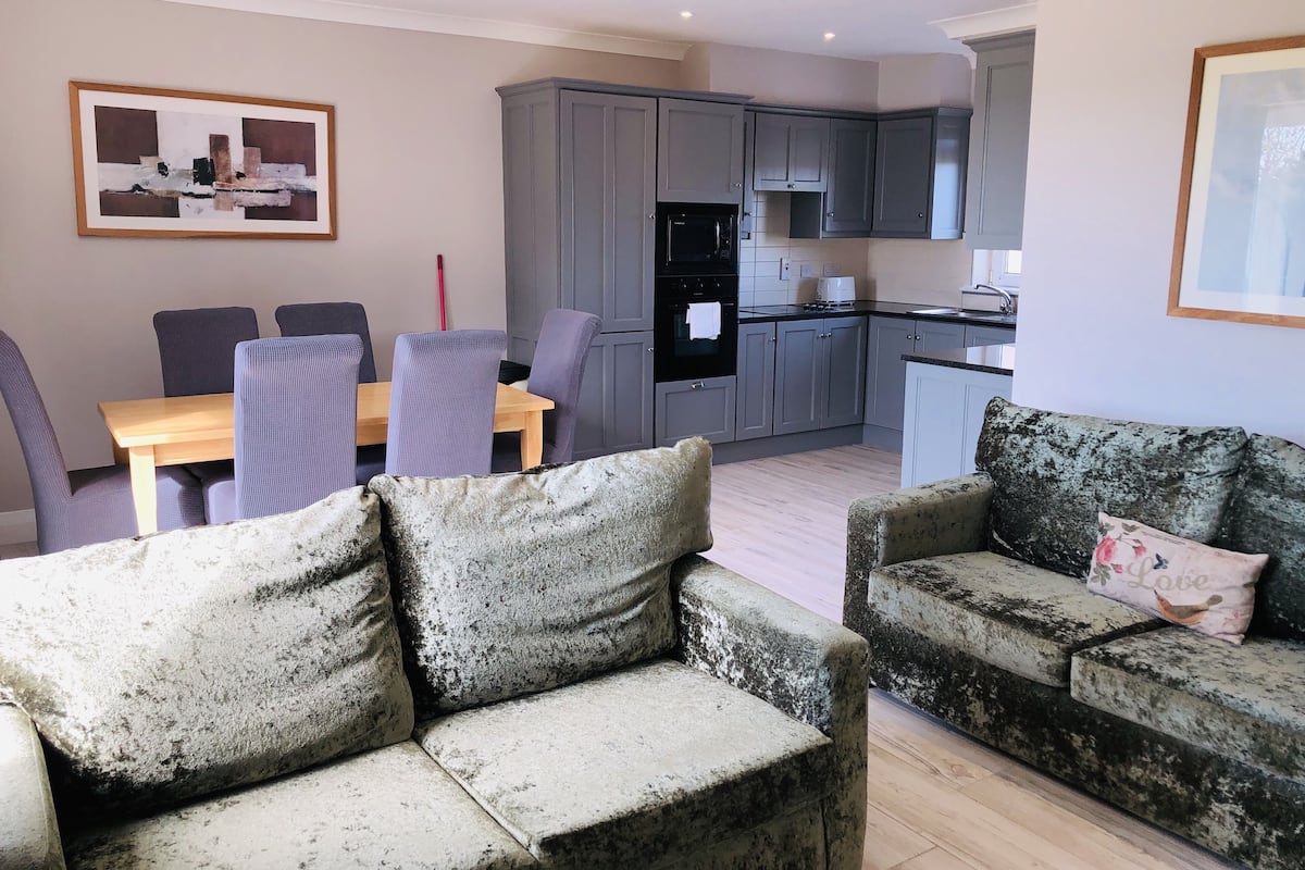 A living room with a dining area, grey cabinets, a kitchen with a stove and oven, and a sofa with a floral pillow.