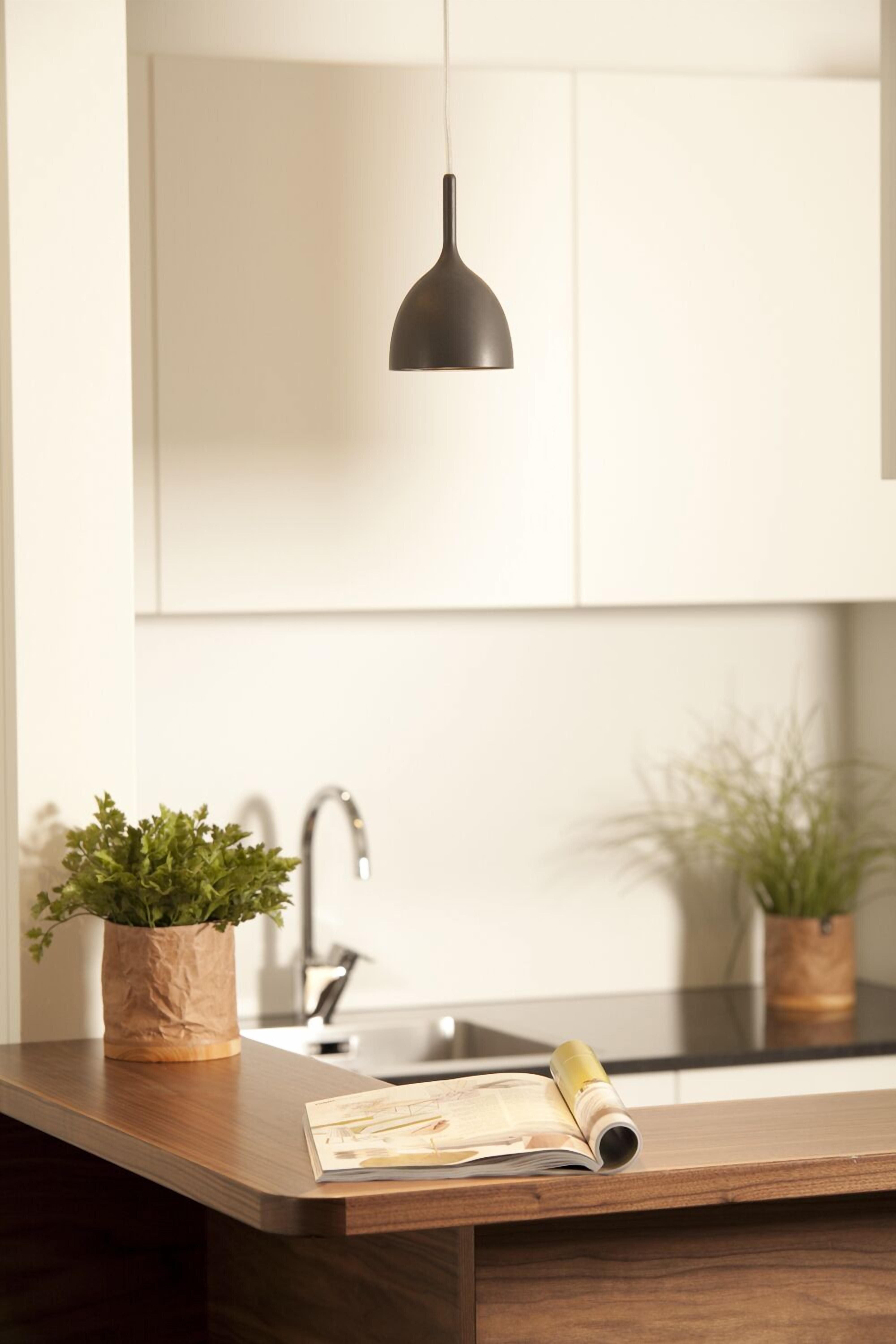 Une cuisine avec un plan de travail en bois, deux plantes en pot, une suspension et un magazine enroulé.