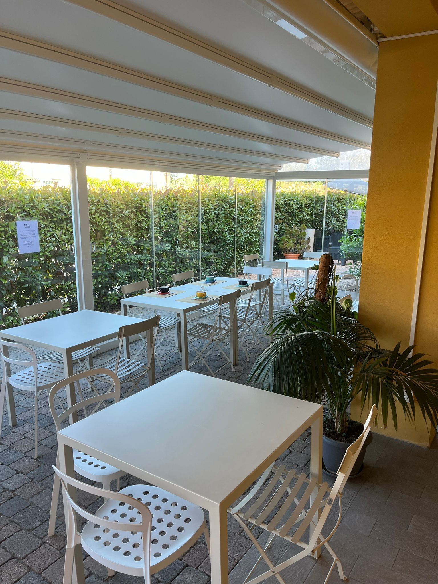 Un espace extérieur aménagé en terrasse, avec des tables et des chaises, un pot de fleurs et une vue sur une haie.