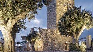 Un edificio in pietra con un grande albero in primo piano e una scala che conduce a una porta.