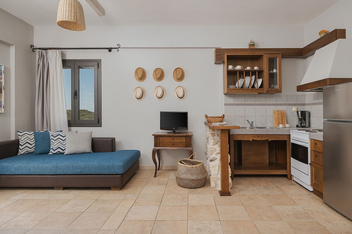 Un espace de vie compact comprenant un canapé, un téléviseur, un coin cuisine avec un réfrigérateur et une table à manger.