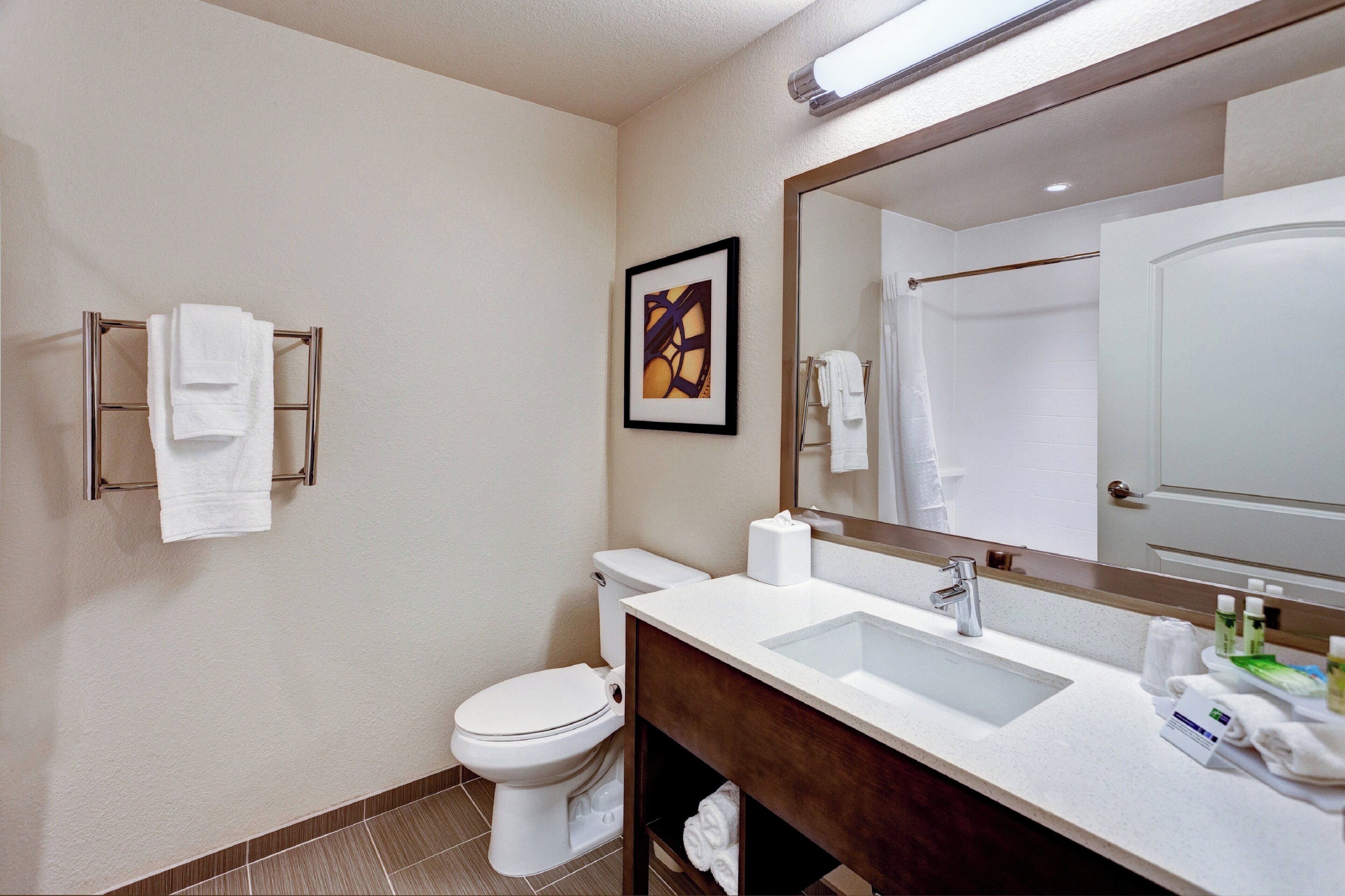 Un baño con inodoro, lavamanos y espejo.