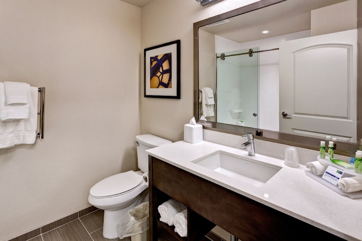 A modern bathroom with a white sink, a large mirror, a framed artwork on the wall, and a toilet.