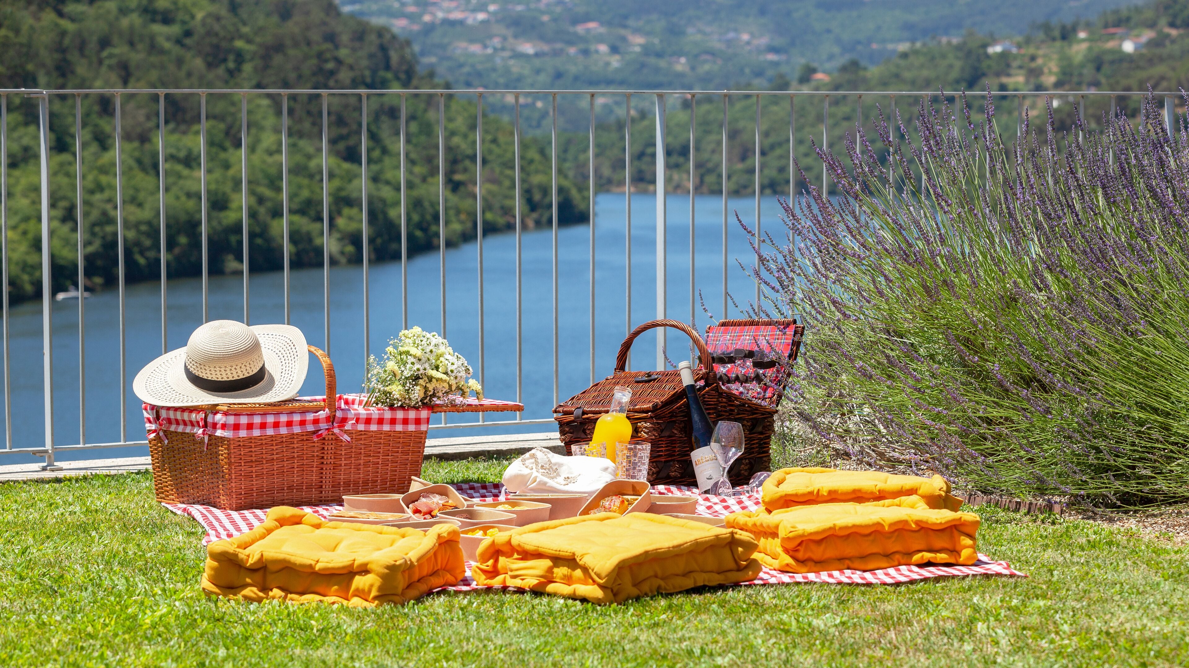 A picnic setup with a basket, blanket, and food items on a grassy area with a lake and trees in the background.
