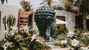 A sculpture in a garden with cacti and tropical plants. - Hotel El Varadero (Tarifa)