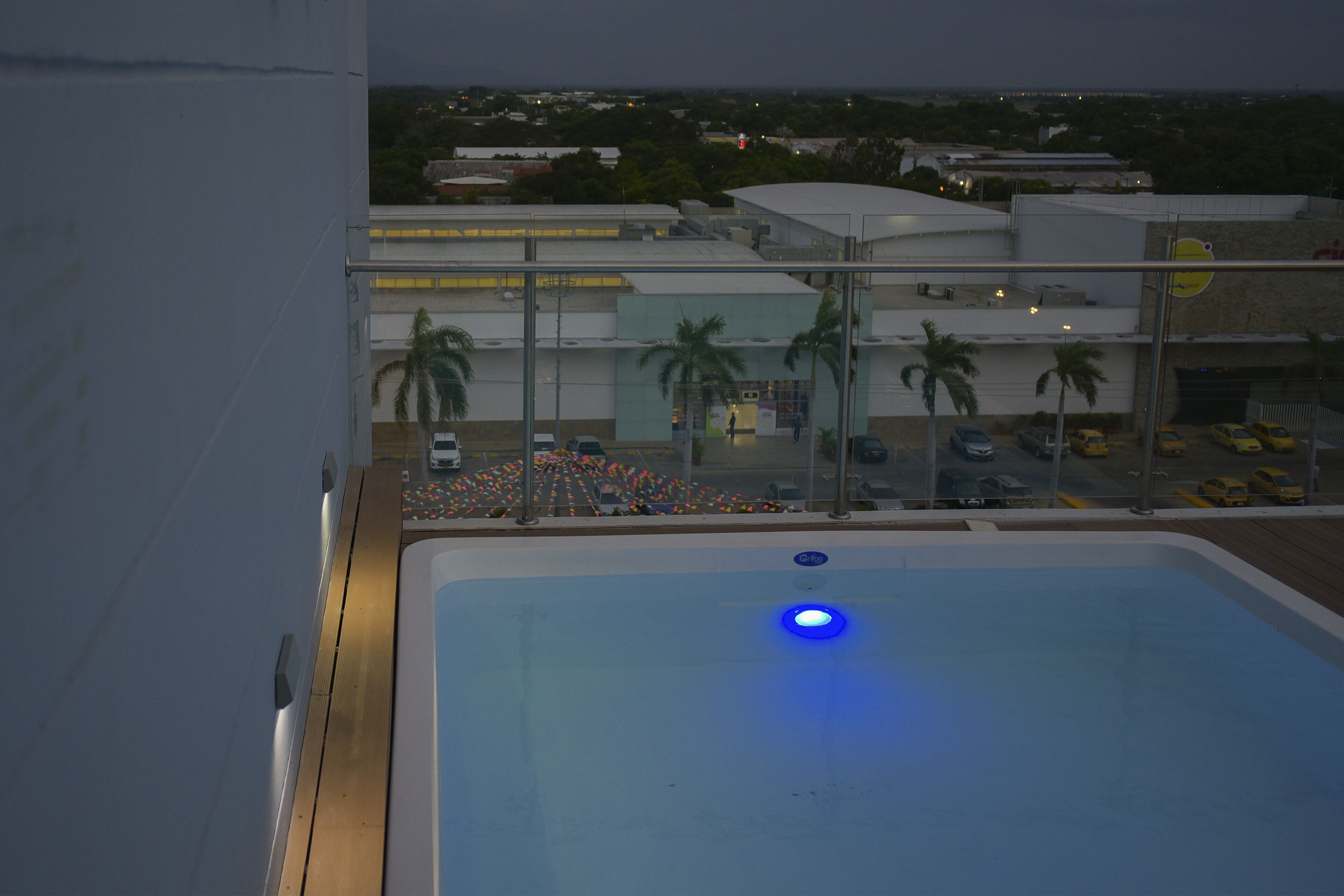 Piscina en la azotea con vistas a un paisaje urbano, que incluye edificios y palmeras.