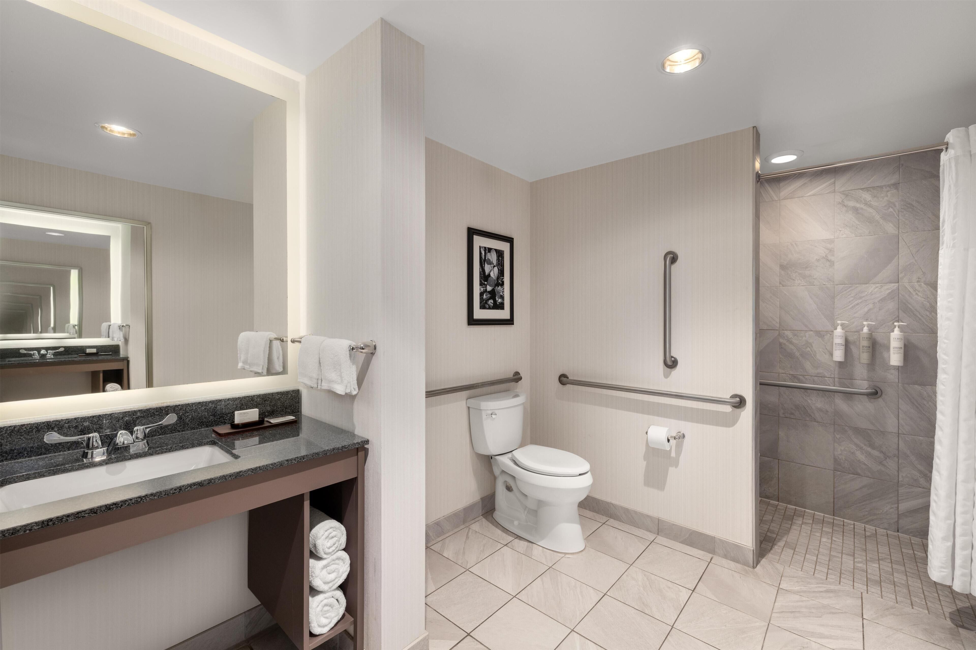 Un baño moderno con lavamanos, inodoro y zona de ducha, que incluye barras de apoyo y un pasamanos.