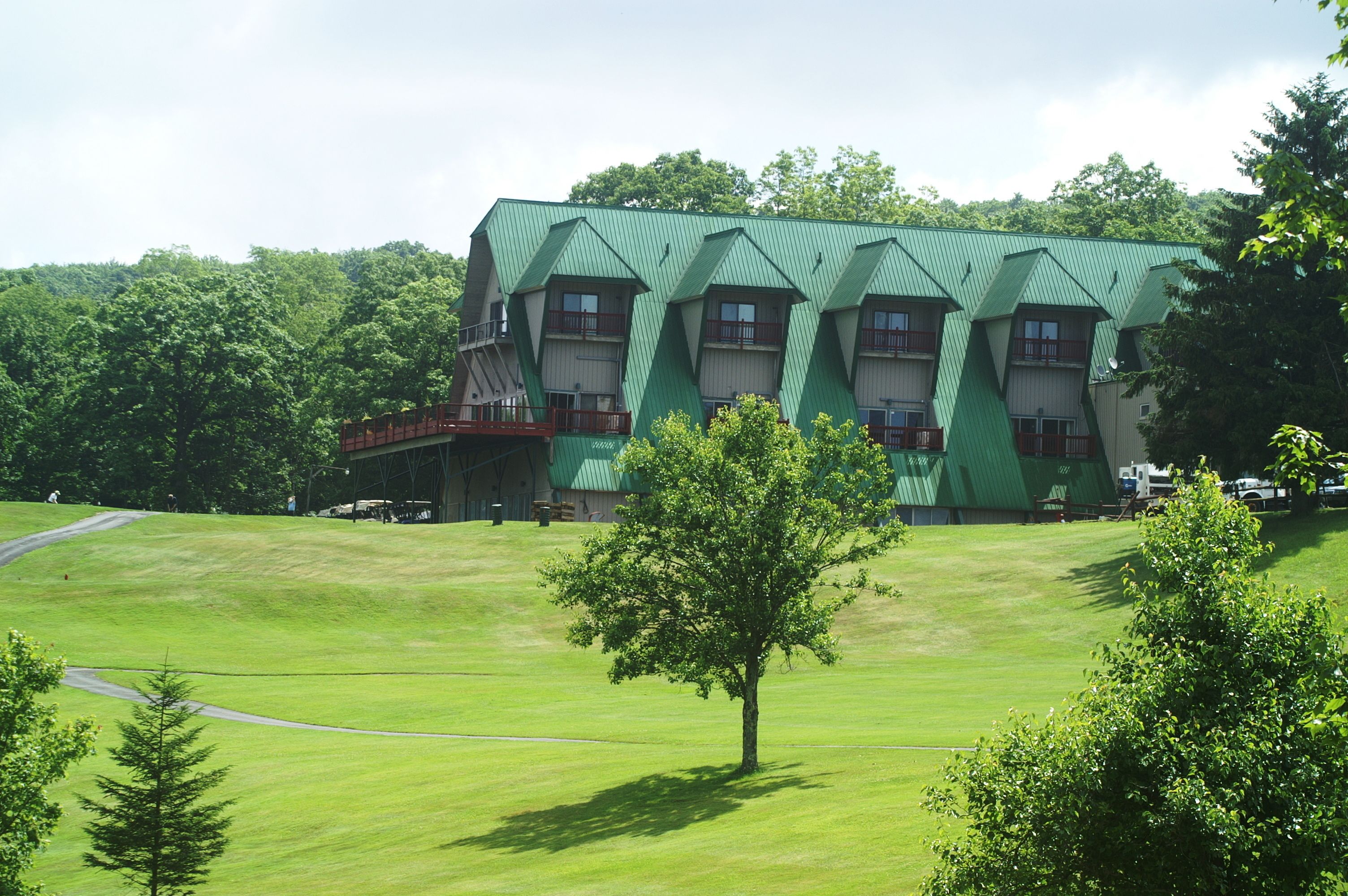 A building with a green roof and multiple windows, surrounded by a grassy area and trees.