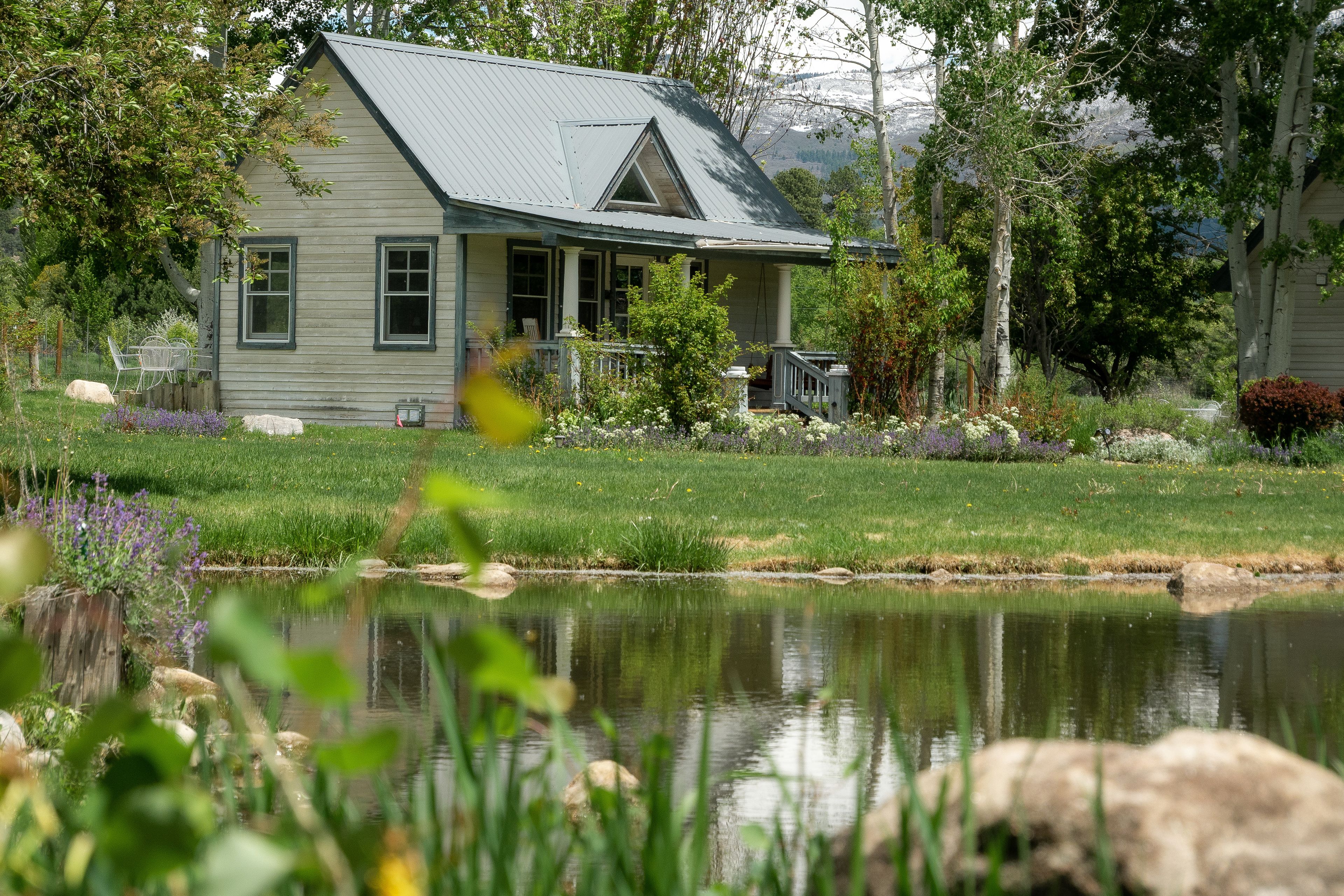 Une maison avec un porche, un petit étang et de la verdure tout autour.